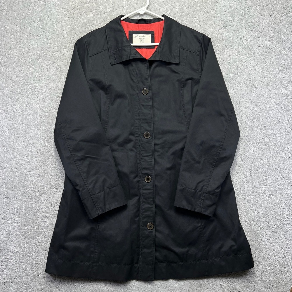 Eddie Bauer Trench Coat Womens XL Black Jacket Button Front Belted Nylon Blend